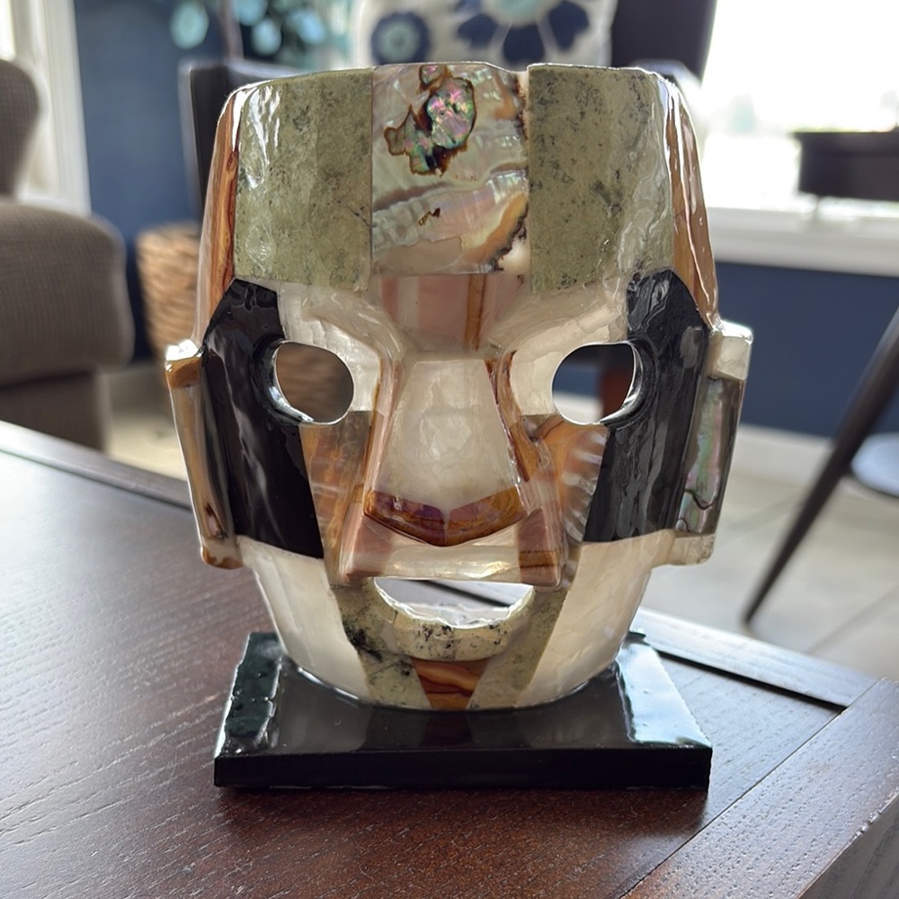 Mask, Aztec or Mayan style mosaic mask sculpture